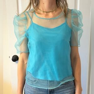 Amanda Uprichard Smith sheer turquoise top w/ camisole